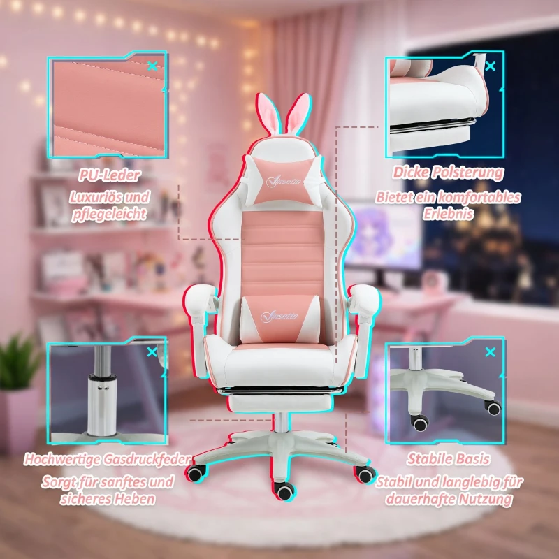 Vinsetto Gamingstoel Ergonomische Gamerstoel met lendensteun, voetsteun, konijnenoren, hoofdkussen Roze(m-8)