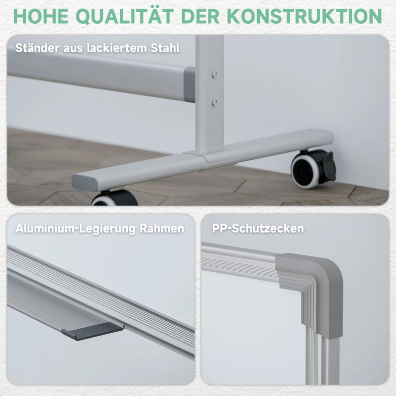 HOMCOM Dubbelzijdig Magnetisch Whiteboard met Standaard 120 x 90 cm – Droog uitwisbare Magnetische Bord met Pennenbakje en Aluminium Frame, Draaibaar en Verrijdbaar voor Kantoor en Thuis