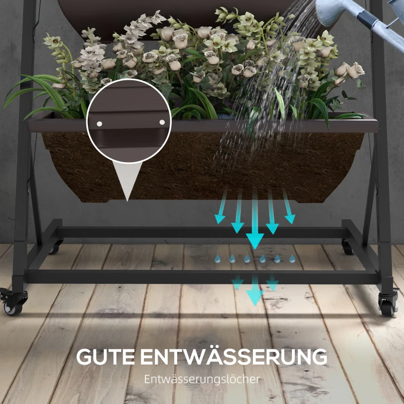 Outsunny 5-laags plantenrek, 145 cm hoog bloementoren met wieltjes en potten, stalen plantenplanken Bruin