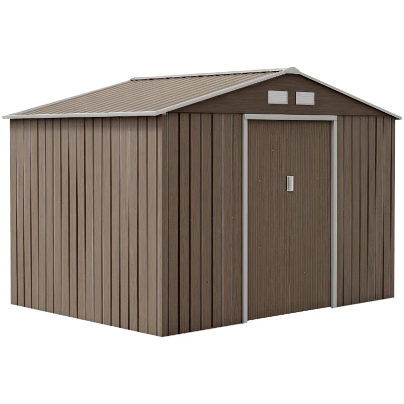 Outsunny Tuinschuur met 2 Schuifdeuren, 4 Ramen, Weerbestendig, Metalen Constructie, 2,7 x 1,9 x 1,9 m, Bruin