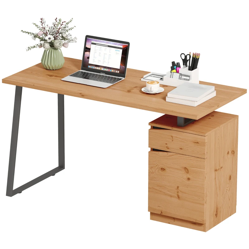 HOMCOM Computer Desk, Writing Desk with Cabinet, Drawer, Metal Legs, Work Table for Home Office Study, Natural Wood Finish