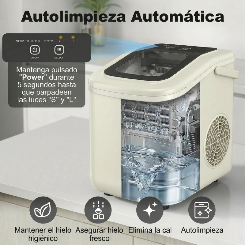 HOMCOM Máquina de Hielo Autolimpiable 12 kg/24H 9 Cubitos Listos en 7 Minutos 2 Tamaños de Hielo 1,2L Depósito Beige