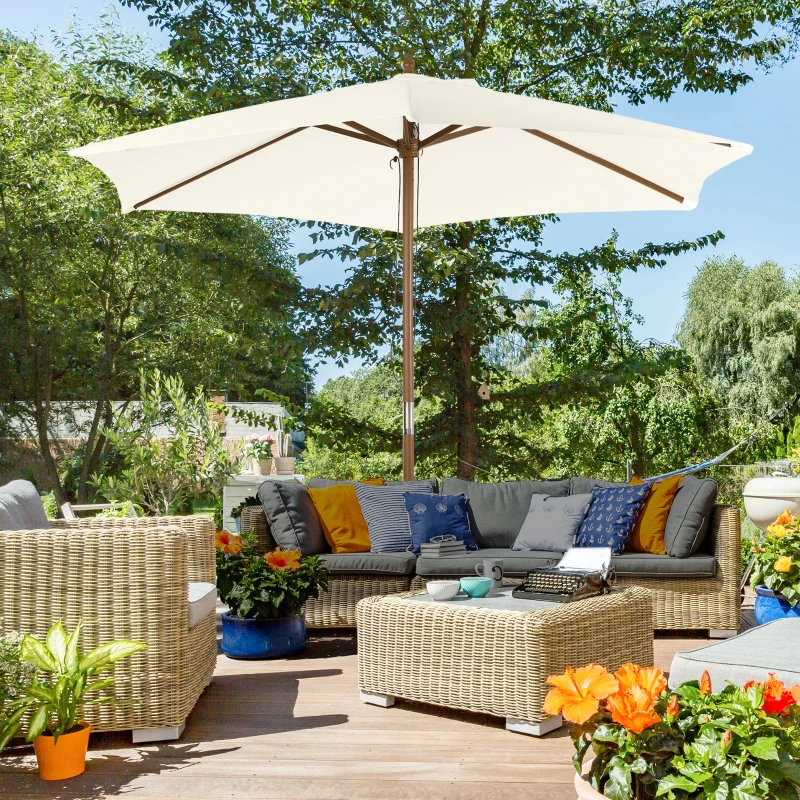 Outsunny Ombrellone da Giardino 2.5x2.3 m a 6 Stecche, in Legno e Poliestere, Bianco Crema