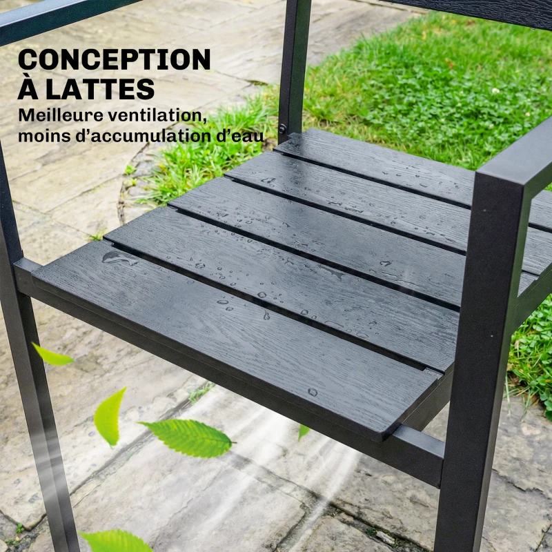 Outsunny Lot de 4 Chaises de Jardin Empilables HDPE Effet Bois avec Accoudoirs Résistant aux Intempéries 52x51x90cm Noir