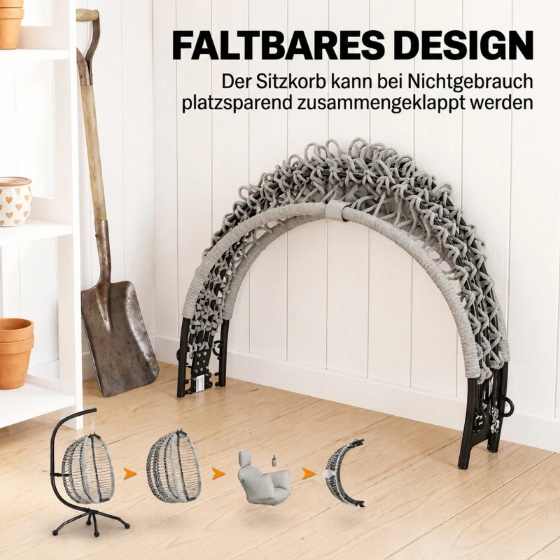 Outsunny Hangstoel, zit- en rugkussen, opvouwbare zitmand, bekerhouder, metalen frame, grijs