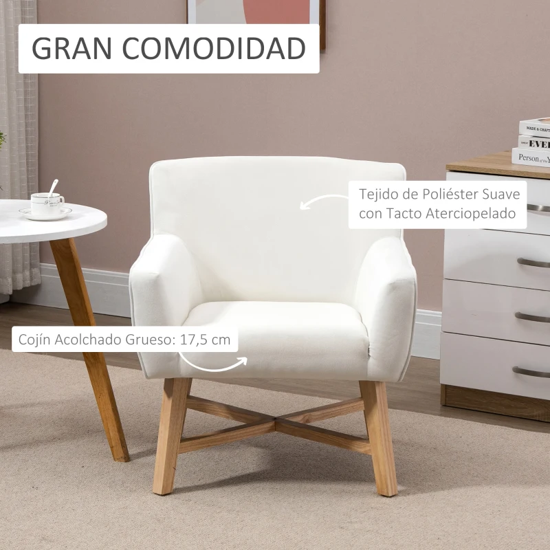 HOMCOM Butaca de Salón Tapizada en Terciopelo con Reposabrazos Acolchados y Patas de Madera Cruzadas 67x65x74 cm Blanco Crema
