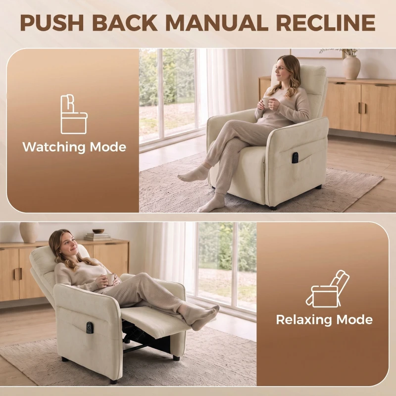 HOMCOM Recliner Armchair, Push Back Recliner Chair with Massage & Heat, Adjustable Armrests, Dual Side Pockets, Beige