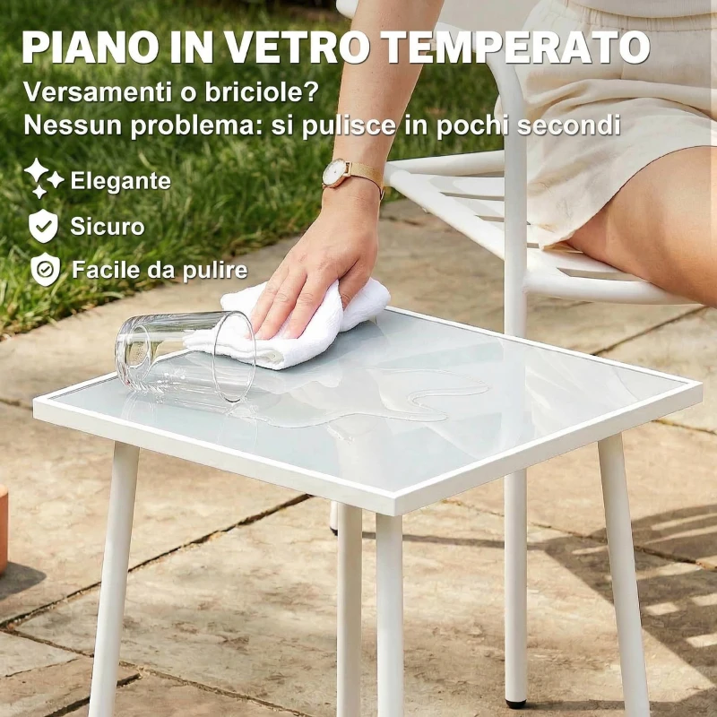 Outsunny Set Bistrò 3 pezzi: tavolino in vetro e 2 sedie, arredo esterno bianco.