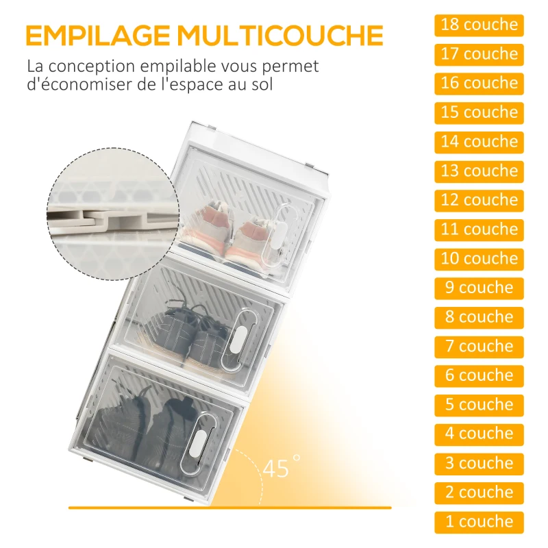 HOMCOM Meuble de rangement modulable, 18 cubes, meuble à chaussures empilables, vêtements, livres, jouets, blanc et transparent