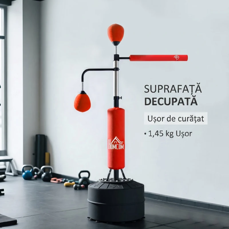 HOMCOM Sac de Box de Podea 4 în 1 cu 2 Speedball-uri, Bară Rotativă și Sac, Înălțime Reglabilă 160-230 cm, Roșu
