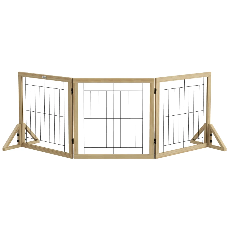 PawHut Poartă pentru Câini Pliabilă cu 3 Panouri și Picioare Triunghiulare, 210x70 cm, Lemn Natural
