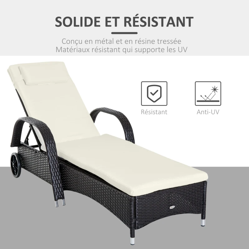 Outsunny Transat bain de soleil grand confort : matelas, têtière, inclinaison réglable multipositions, accoudoirs, roulettes résine tressée marron foncé