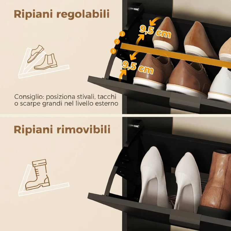 HOMCOM Scarpiera Moderna con Specchio, 4 Cassetti a Ribalta, Capacità Fino 16 Paia di Scarpe, Nero