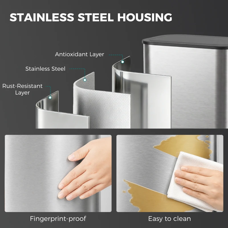 HOMCOM 55L Sensor Bin for Kitchen, Touchless Automatic Waste Rubbish Bin, Stainless Steel, Battery Operated, Silver Tone