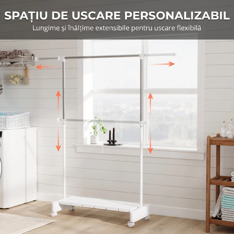 HOMCOM Uscător de Rufe Extensibil cu Roți și Frână, Raft pentru Încălțăminte și Structură din Oțel Inox, Alb