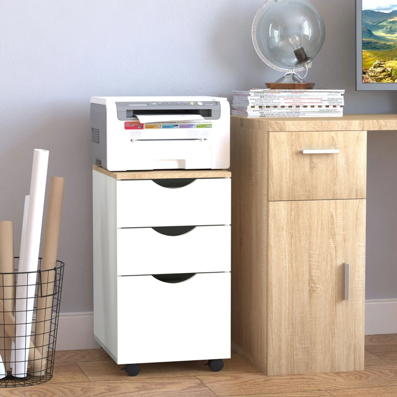 HOMCOM Rolcontainer archiefkast kantoorkast met 3 schuiflades 4 wielen MDF wit + naturel