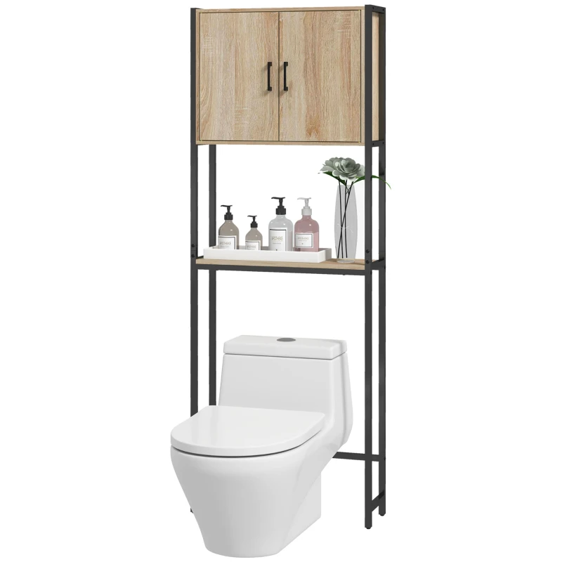 kleankin Móvel sobre Sanita com 2 Portas Prateleira Ajustável Prateleira Aberta Estante de Casa de Banho 64x19x178 cm Madeira