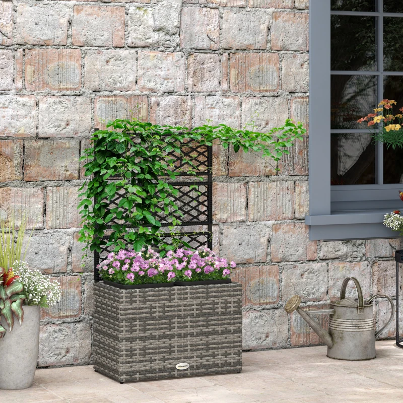 Outsunny Jardinière pour plantes avec treillis 2 bacs à plante 22L en résine tressée et acier galvanisé 57 x 30 x 107 cm gris