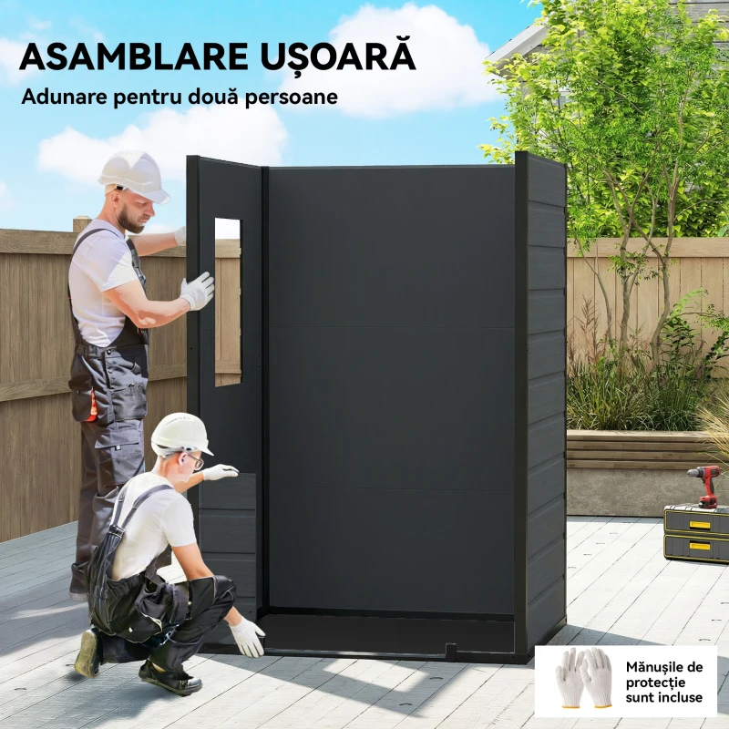 Outsunny Căsuță pentru Unelte cu 2 Intrări, Ferestre și Aerisiri, din PP și Aluminiu, 128x104x196 cm, Gri Închis