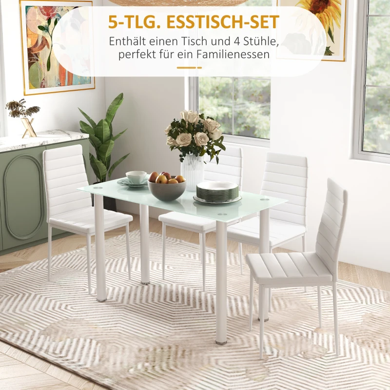 HOMCOM 5-delige Eetkamerset met Eettafel en 4 Stoelen, Modern Design, Glazen Tafel, Wit
