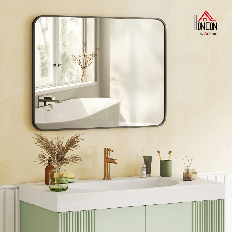 HOMCOM Espejo de Baño Rectangular con Marco Metálico Espejo Decorativo para Dormitorio Comedor o Entrada 60x80 cm Negro