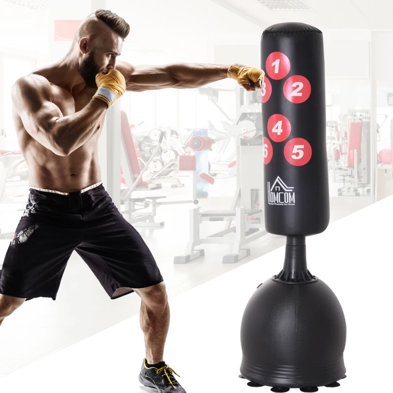 HOMCOM Sac de frappe boxe sur pieds punching ball autoportant adultes enfants 165 cm cibles de touche ventouses antidérapantes noir rouge