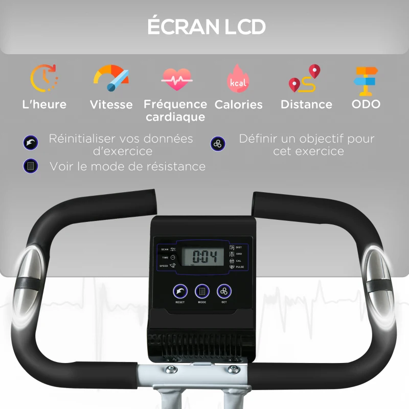 SPORTNOW Vélo d'appartement pliant, vélo de fitness, 8 niveaux de résistance magnétique, selle réglable, écran LCD, acier blanc