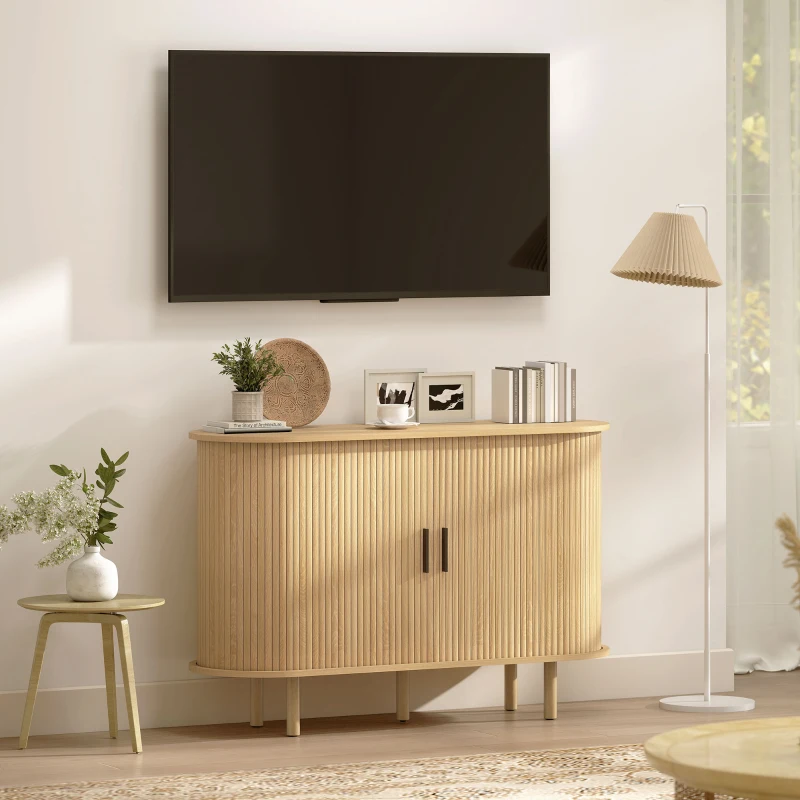 HOMCOM Aparador con Puertas Tambour Deslizantes 4 Compartimentos y Patas de Madera 120x40x78 cm Roble