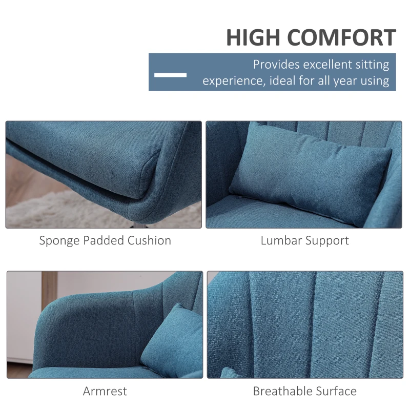 HOMCOM Swivel Accent Chair, Linen Fabric Tub Vanity Chair, Modern Armchair with Adjustable Height and Lumbar Support for Living Room Bedroom Salon Make up Room Dressing Table, Blue