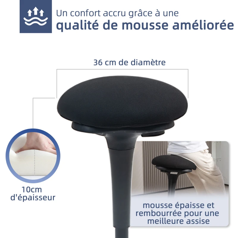 HOMCOM Tabouret de bureau debout tabouret ergonomique siège bascule à 360° large socle 36 x 36 x 70-90 cm noir