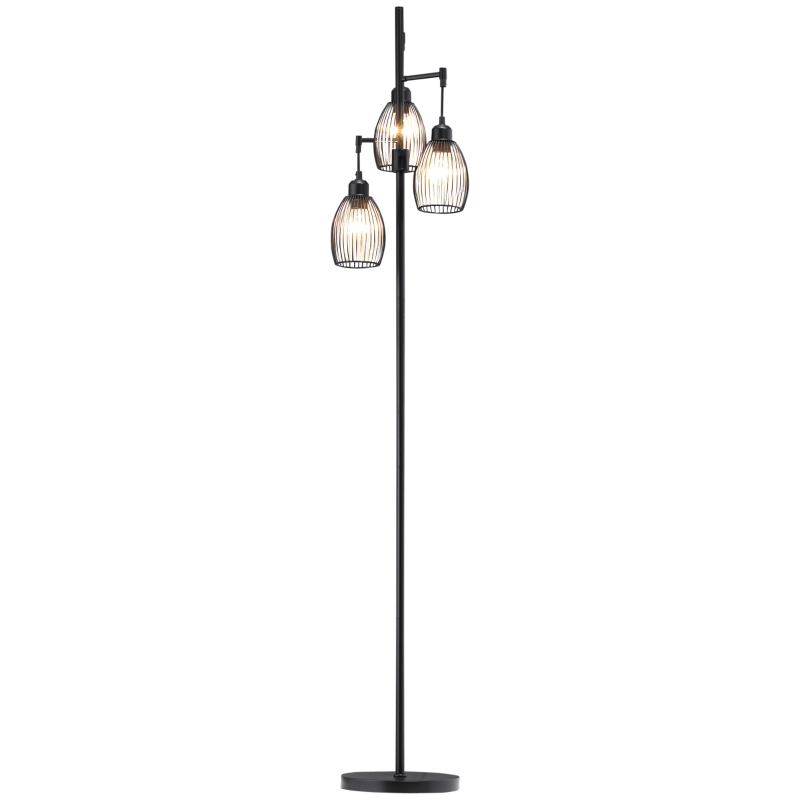HOMCOM Lampadar Industrial cu 3 Abajururi și Intensitate Reglabilă, din Oțel, 30x30x170,5 cm, Negru