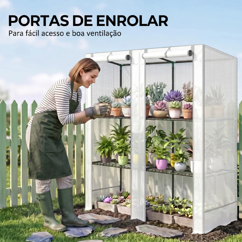 Outsunny Estufa de Exterior Pequena com 3 Prateleiras 2 Portas de Enrolar Capa de PE e Estrutura de Aço 144x48x152 cm Branco