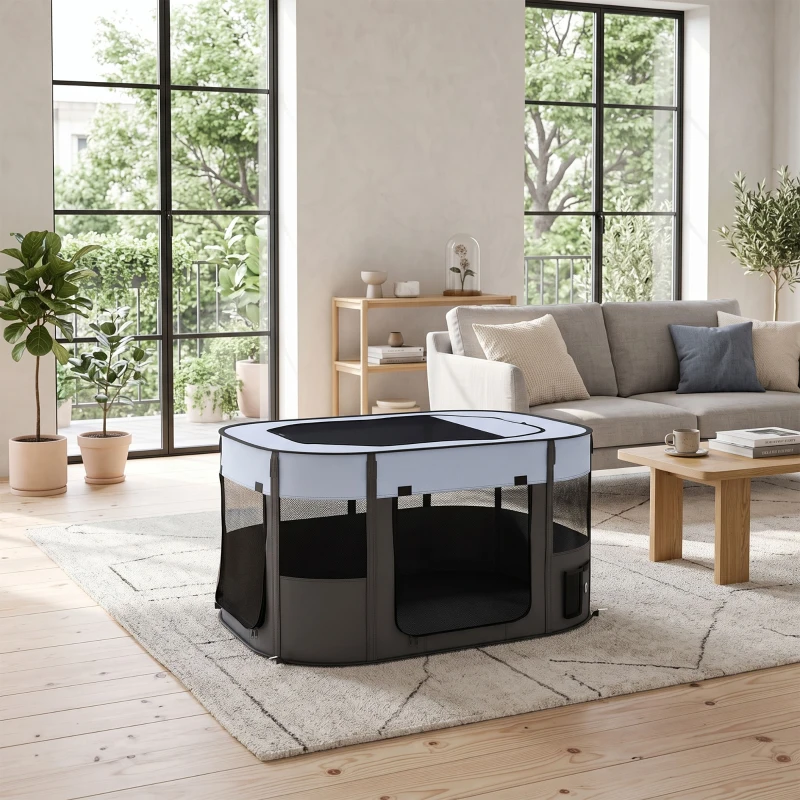 PawHut Parc pliable pour animaux de compagnie parc pour chiots en tissu Oxford avec fenêtres et portes sac de rangement gris
