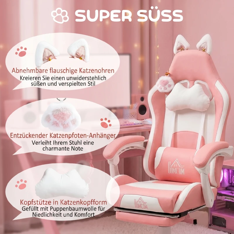 HOMCOM Gamingstoel met kattenoren, kantelbare leuning, uitschuifbare voetensteun, tot 120 kg, Roze/Wit(m-4)