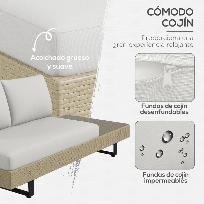 Outsunny Conjunto de Muebles Ratán de 3 Piezas Mesa de Centro Sofá Doble y Sofá de 3 Plazas con Cojines Extraíbles Beige