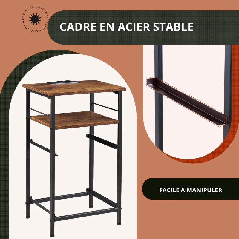 Table de chevet avec fonction de charge, grand espace de rangement, convient pour chambre à coucher, salon et bureau, 39,8x29,8x64,2 cm, Marron