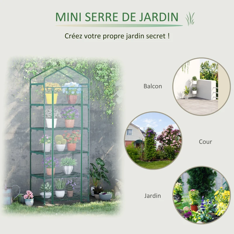 Outsunny Serre de jardin PVC avec étagères 5 niveaux, serre de balcon, bâche renforcée 135 g/m², châssis en acier, porte zippée enroulable, pour légumes plantes fleurs, 69 x 49 x 193 cm, transparent