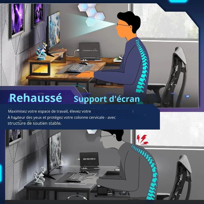 Bureau d'angle en L avec LED RVB, étagères ouvertes, support pour moniteur ergonomique, 122x80x87,5 cm, Marron