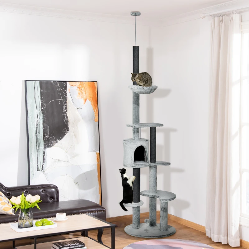 PawHut Krabpaaltje met Plafondspanner, Hangmat, Huis, Platforms, Speelbal, 225-255cm, Grijs