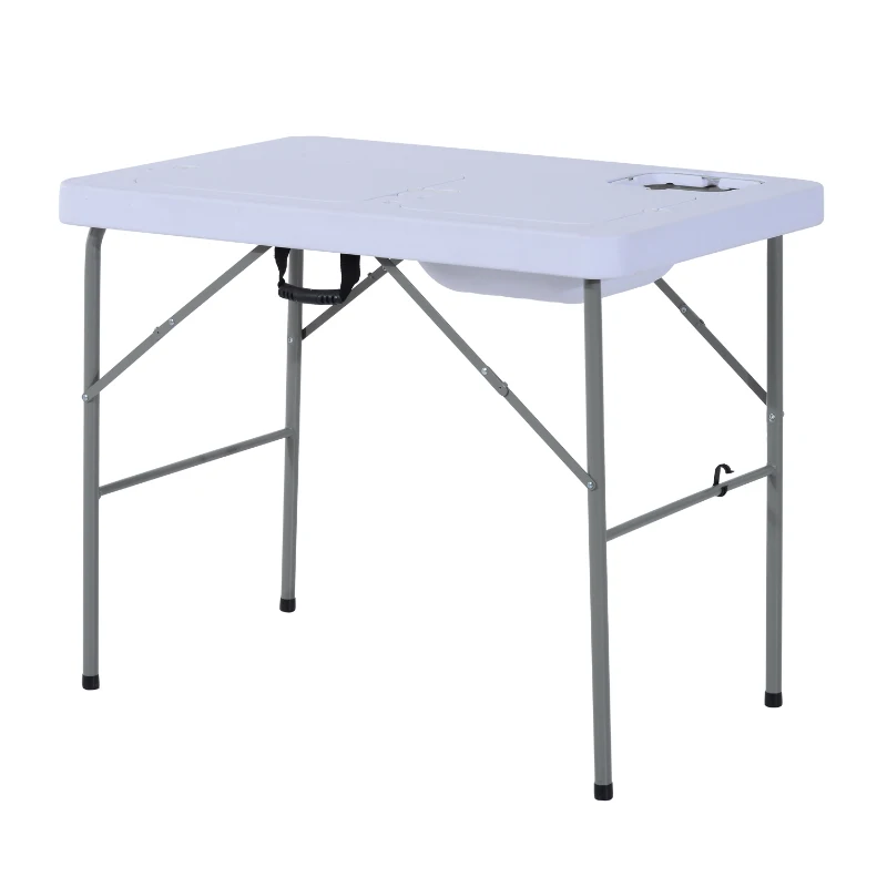 Outsunny Mesa Plegable Multifuncional 2 en 1 Mesa+Estación de Limpieza Mesa de Picnic con Grifo y 2 Fregaderos para Pesca Jardín Camping Barbacoa Exteriores 101x66x81cm