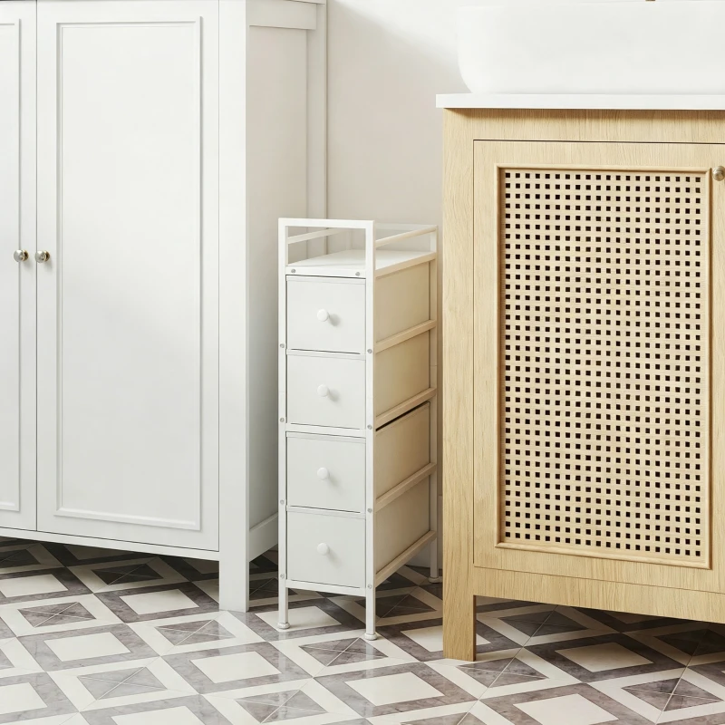 HOMCOM Commode 4 Tiroirs Pliables en Tissu, Meuble de Rangement Étroit, Style Moderne, Cadre en Acier, 20 x 43 x 81,5 cm Blanc