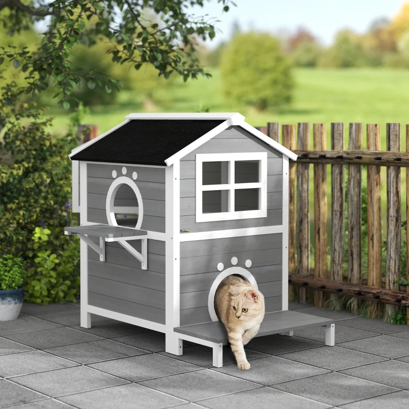 PawHut Buitenkattenhuis met Weerbestendig Dak, Venster, Balkon, Uitneembare Bodem, 2 Niveaus, voor 1-2 Katten, Grijs