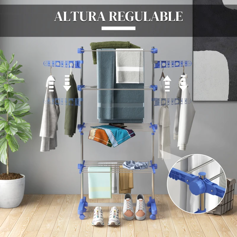 HOMCOM Tendedero Vertical de 4 Niveles con 6 Ruedas 2 Laterales Abatibles Estantes Ajustables y Marco de Acero Inoxidable Azul