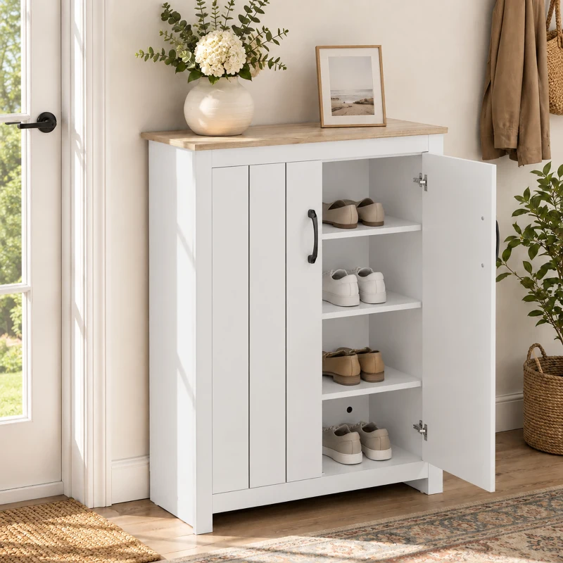 HOMCOM Dulap pentru pantofi 4 niveluri 12 perechi Dulap pentru pantofi 2 uși și rafturi reglabile 80x32,8x105cm Stejar și Alb