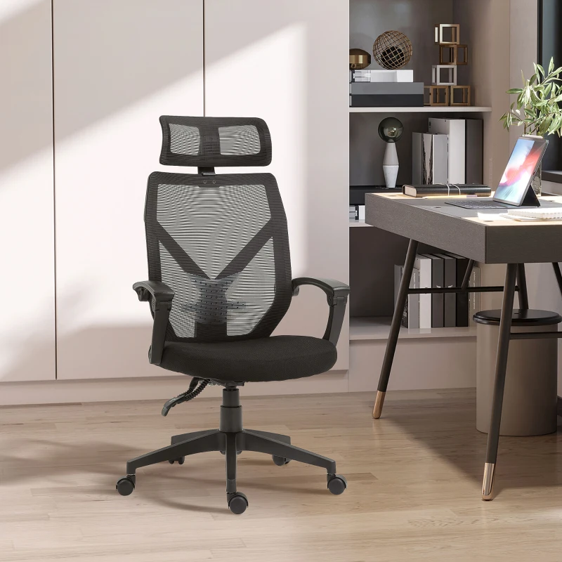 HOMCOM Fauteuil de bureau manager grand confort dossier ergonomique inclinable hauteur assise réglable pivotant tissu maille noir