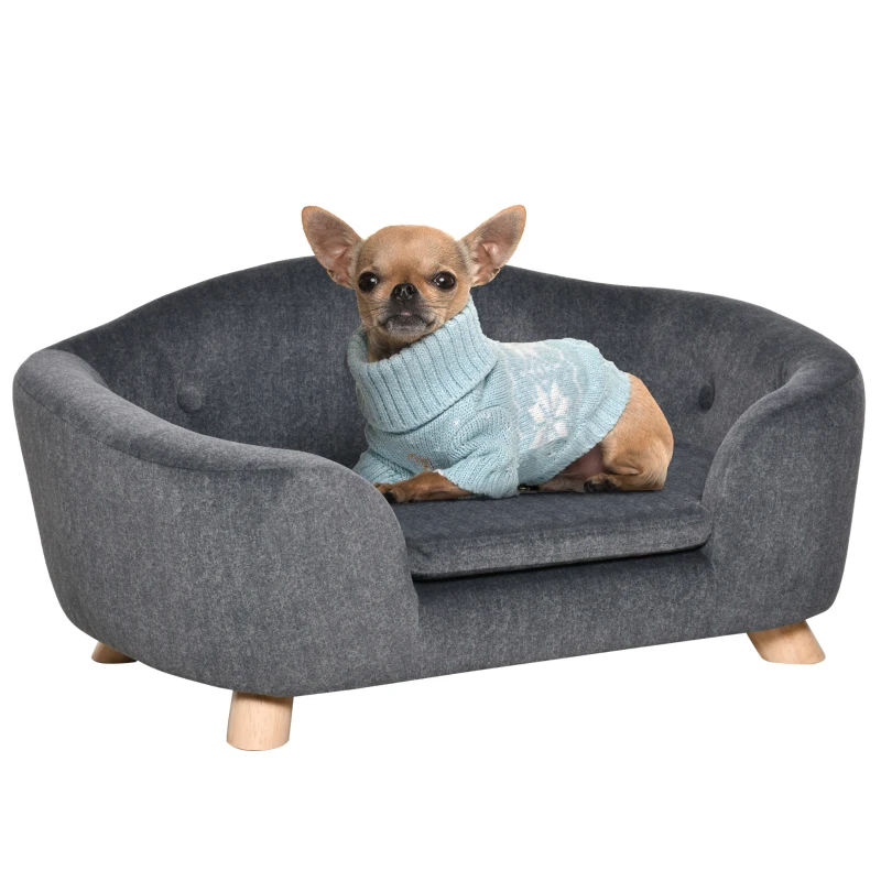PawHut hondenbank hondenmat hondenmand hondenbank hondenbank kattenbank met kussen achterzak pluche schuim grenen hout donkergrijs 70 x 47 x 30 cm