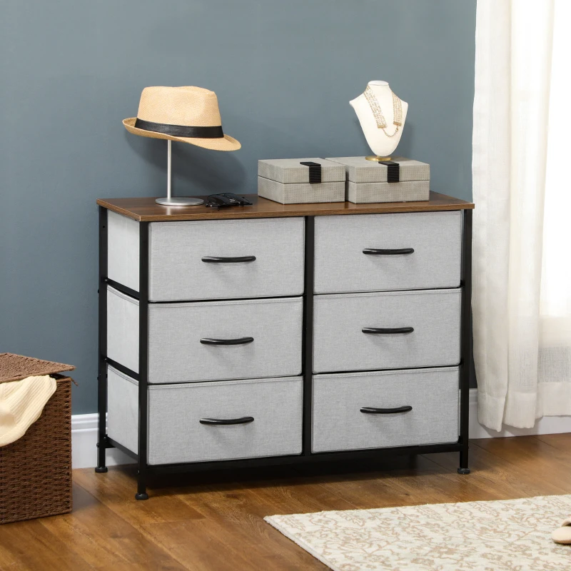 HOMCOM Ladekast Sideboard, 6 lades, stoffen lades, 80 cm x 30 cm x 62,5 cm, Bruin + Zwart + Grijs