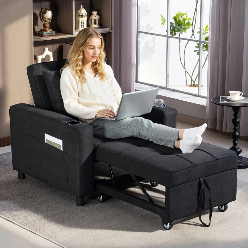 HOMCOM 3-in-1 Single Sofa Bed, Convertible Sleeper Chair Bed - Black
