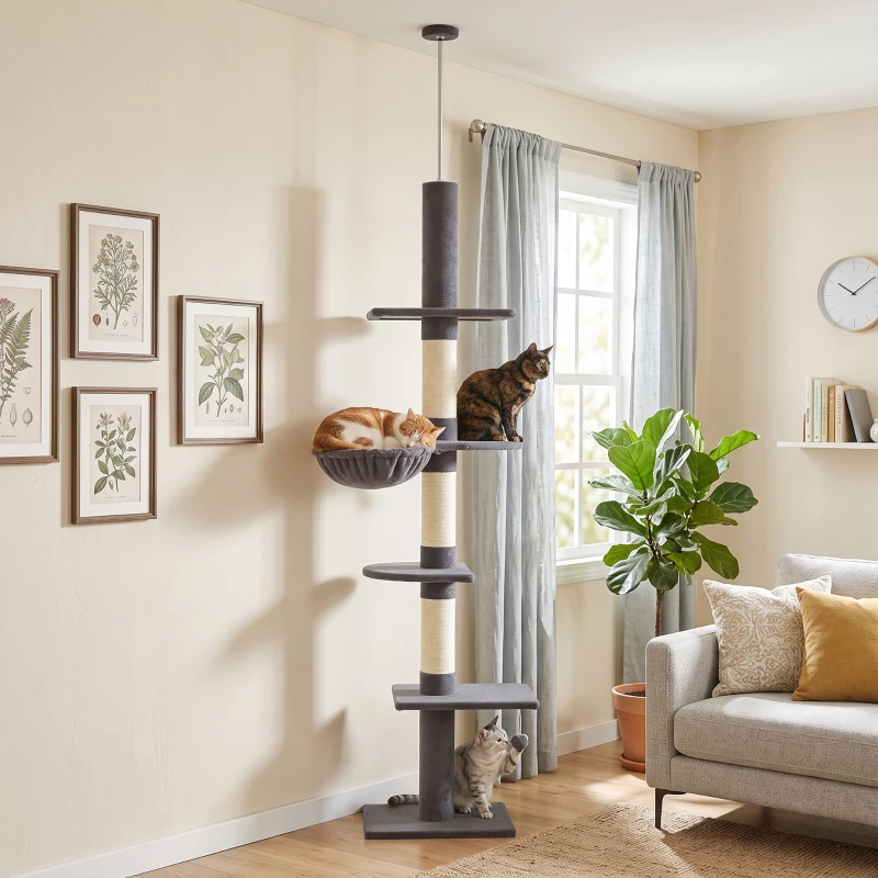 PawHut Plafondhoge krabpaal 225-255 cm, verstelbare kattenboom met 5 niveaus, 3 sisal krabpalen, hangmat en platformen