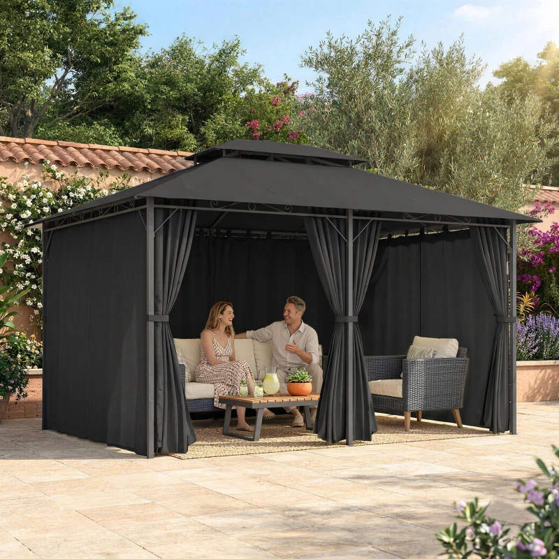 Outsunny 3 x 4m Steel Gazebo, with Curtains - Black